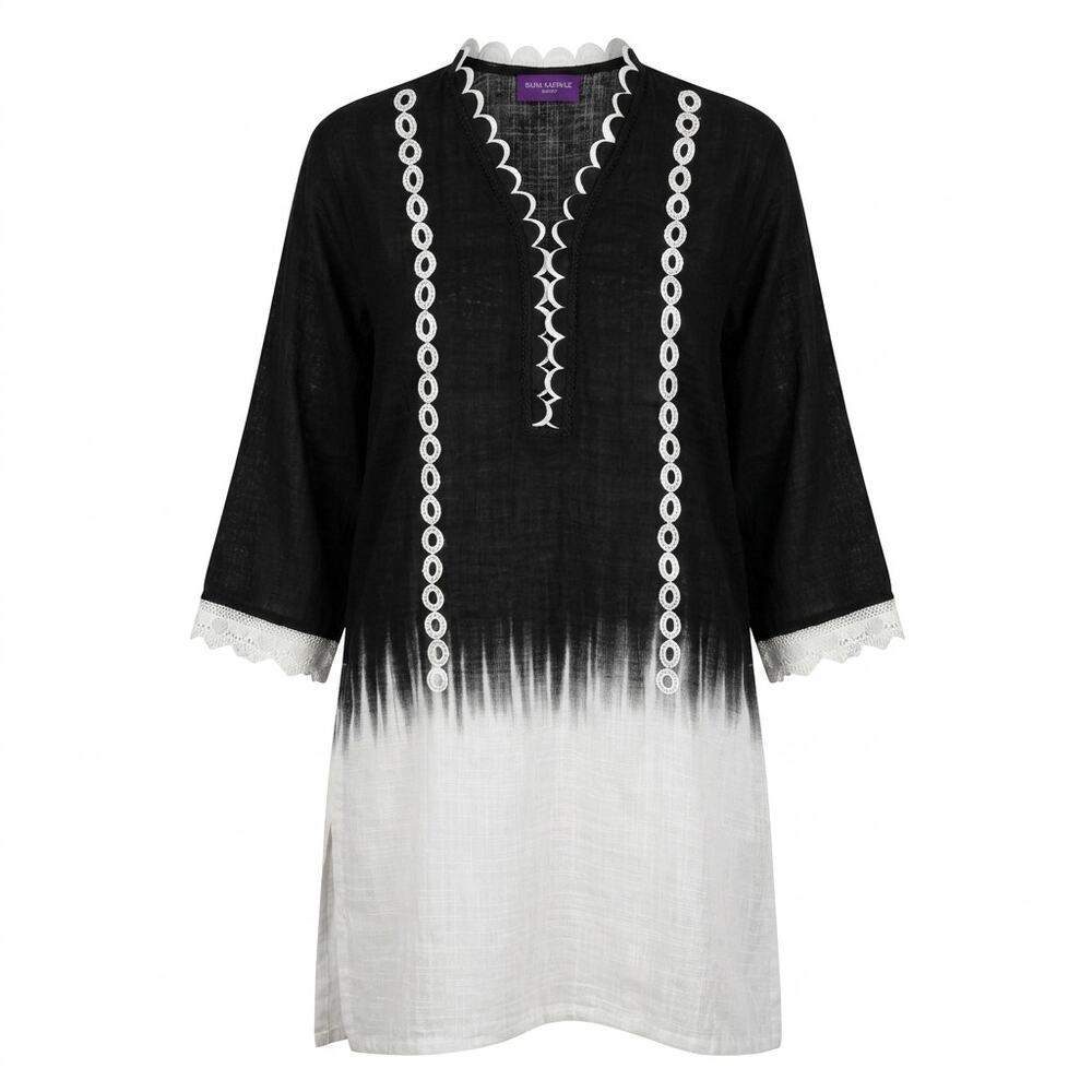 Sana Safinaz Black V-Neck Lace Trim Crochet Trim Tunic Women Size M